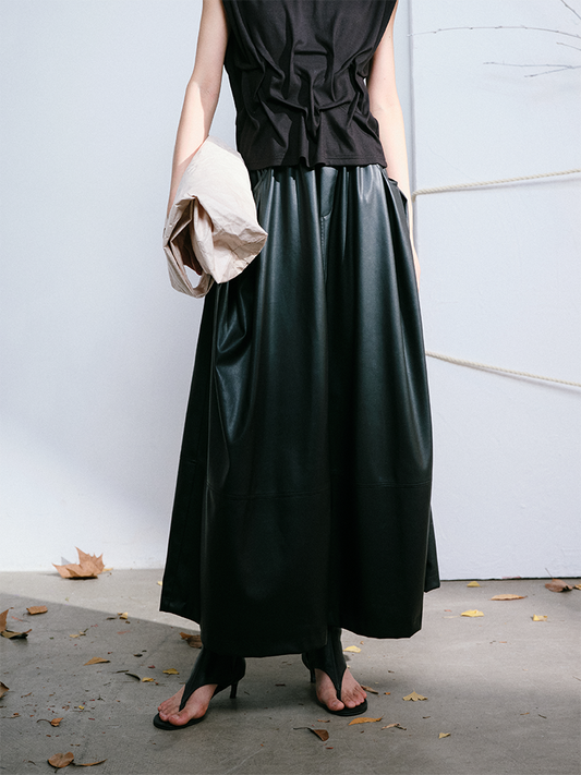 Minimalist Pleated Faux Leather Maxi Skirt