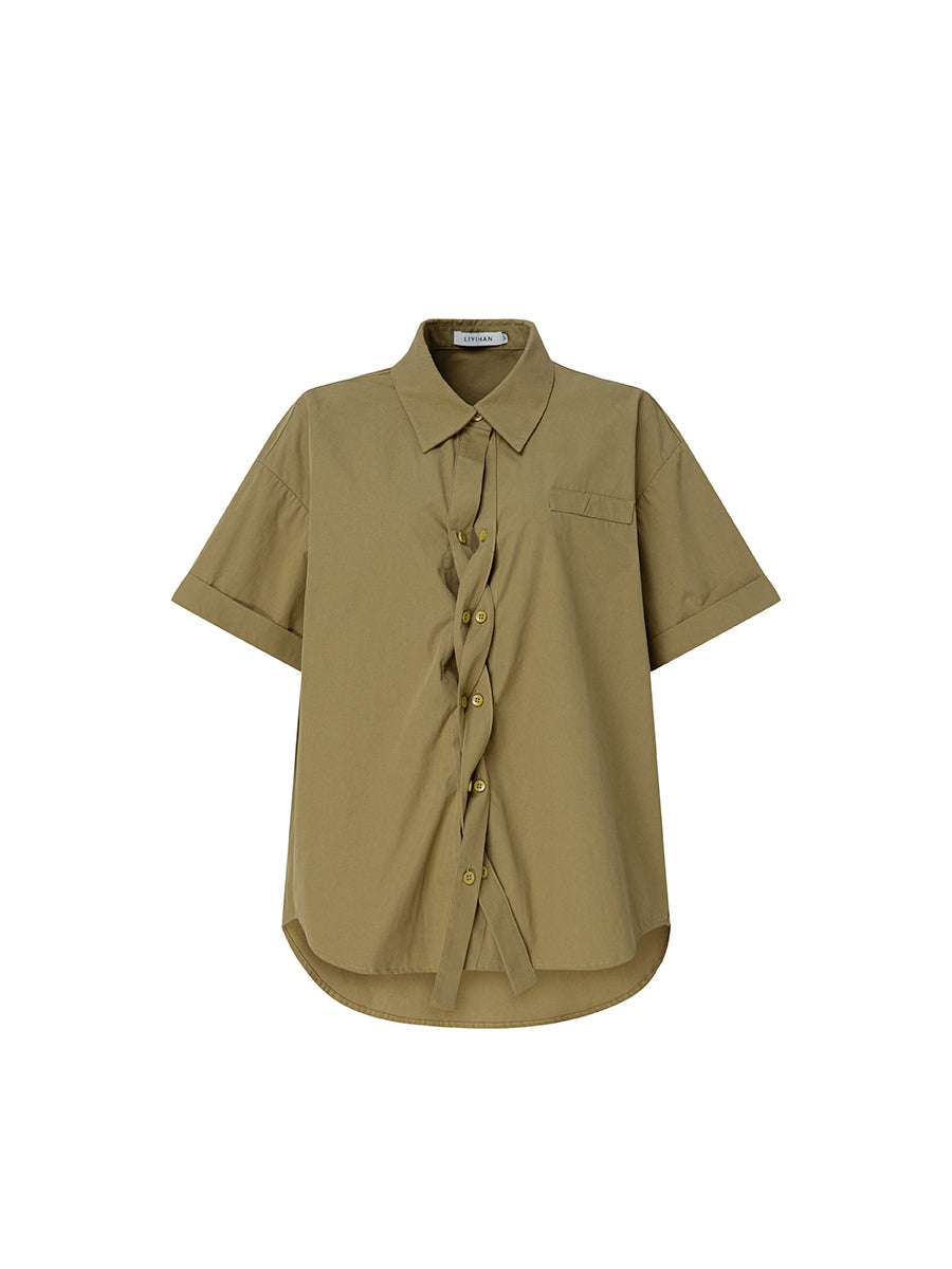 Short-Sleeve Cotton Shirt with Wrap-Style Placket