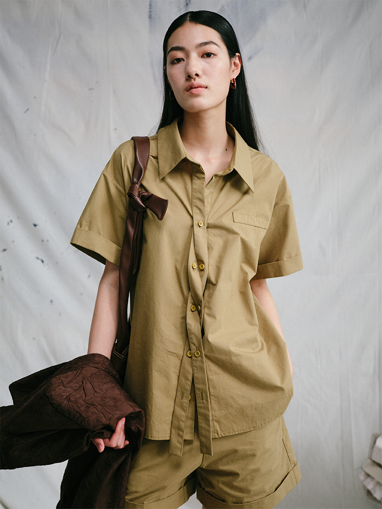 Short-Sleeve Cotton Shirt with Wrap-Style Placket