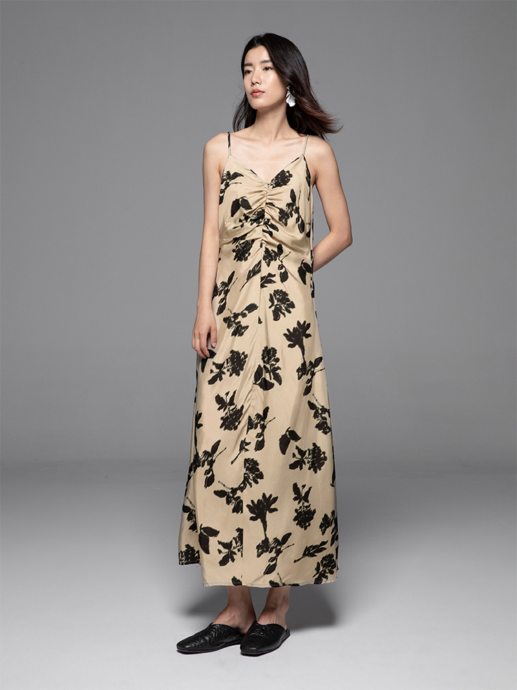 Printed Cupro Spaghetti Strap Dress