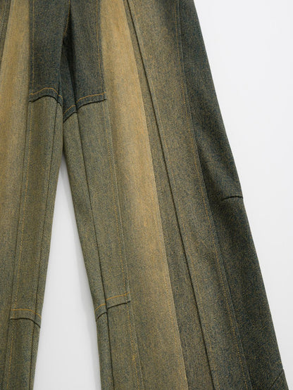Color Block Washed Denim Pants with Split Hem