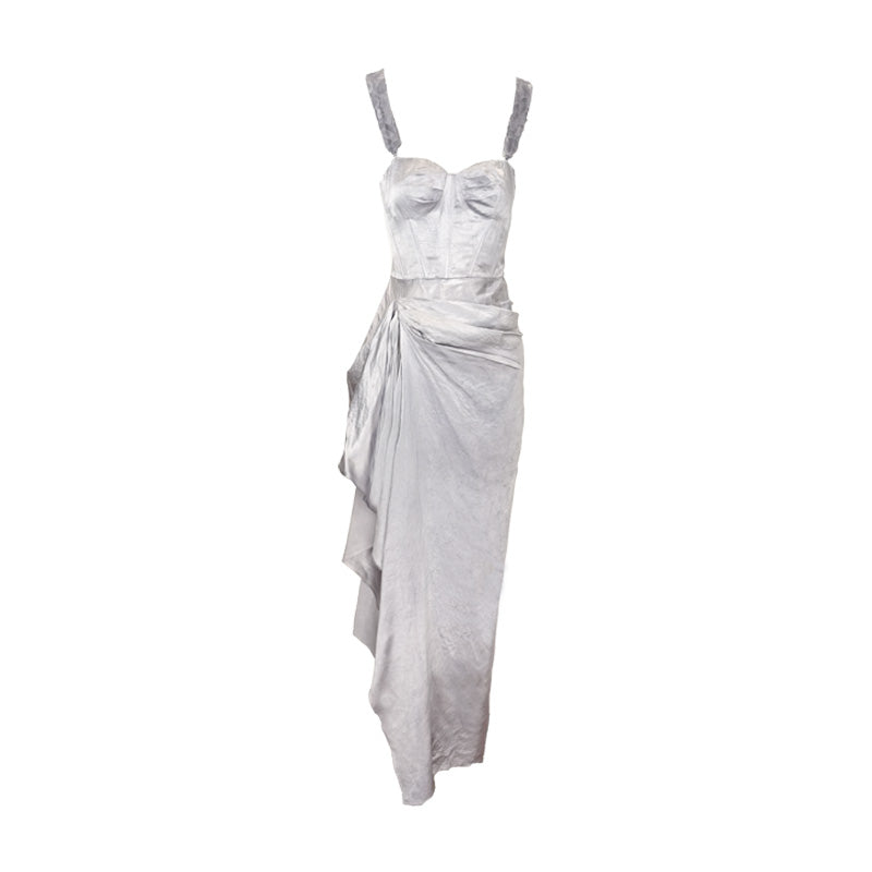 Strapless Patchwork Maxi Bodycon Dress Tie-Dye Grey Blue