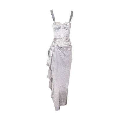 Strapless Patchwork Maxi Bodycon Dress Tie-Dye Grey Blue