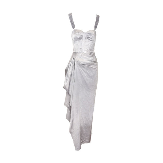 Strapless Patchwork Maxi Bodycon Dress Tie-Dye Grey Blue