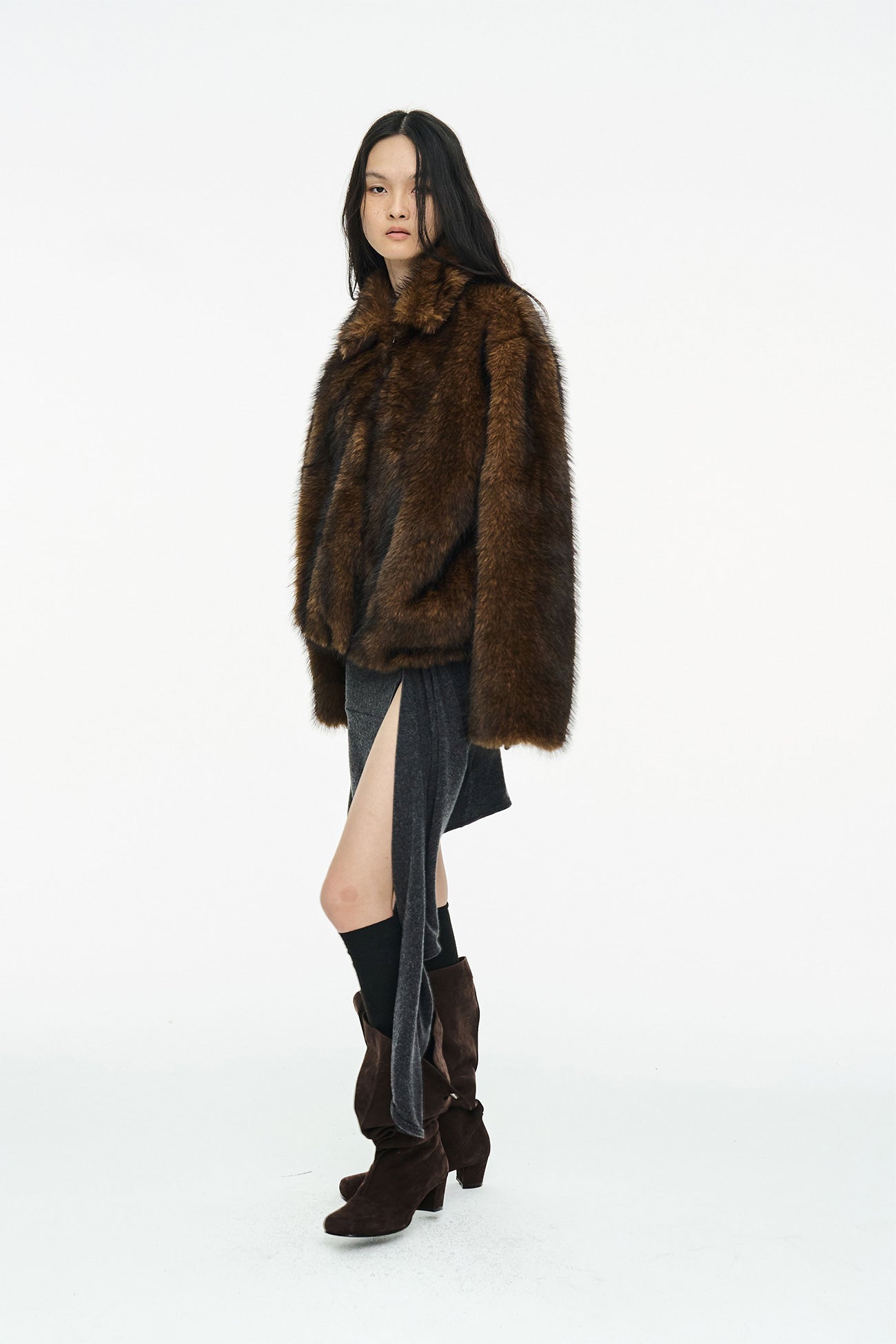 BRUSHED FUR JACKET / BROWN