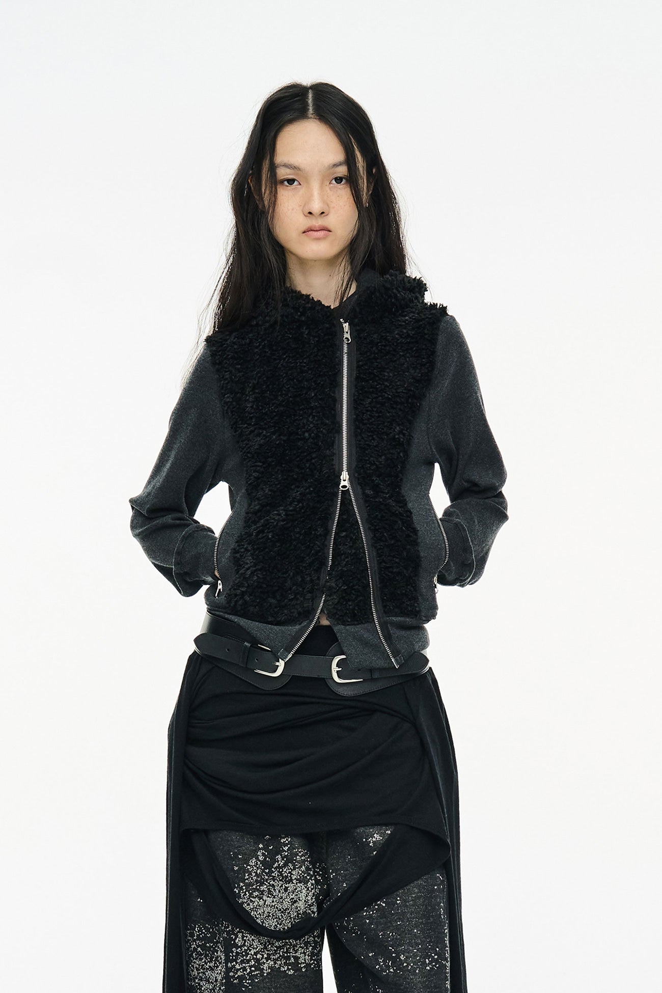 FUZZY FLEECE HOOD ZIP UP / BLACK