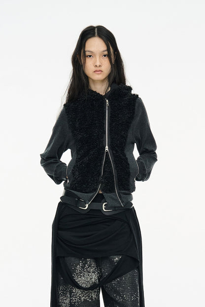 FUZZY FLEECE HOOD ZIP UP / BLACK