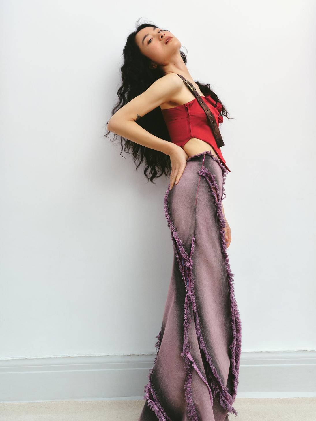 Purple Washed Denim Lace Patchwork Mermaid Skirt