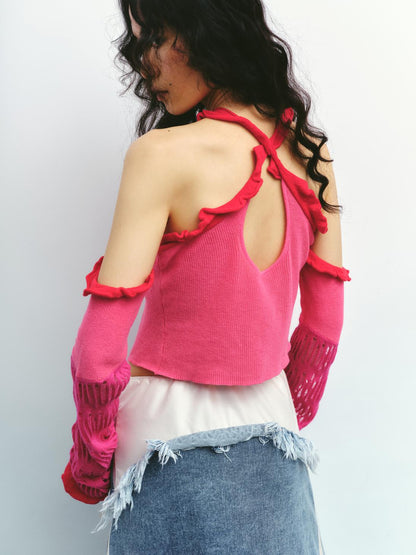 Color-Blocked Hollow Rose Knit