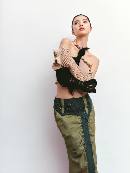 Rivet and Bicolor Patchwork Denim Slit Maxi Skirt