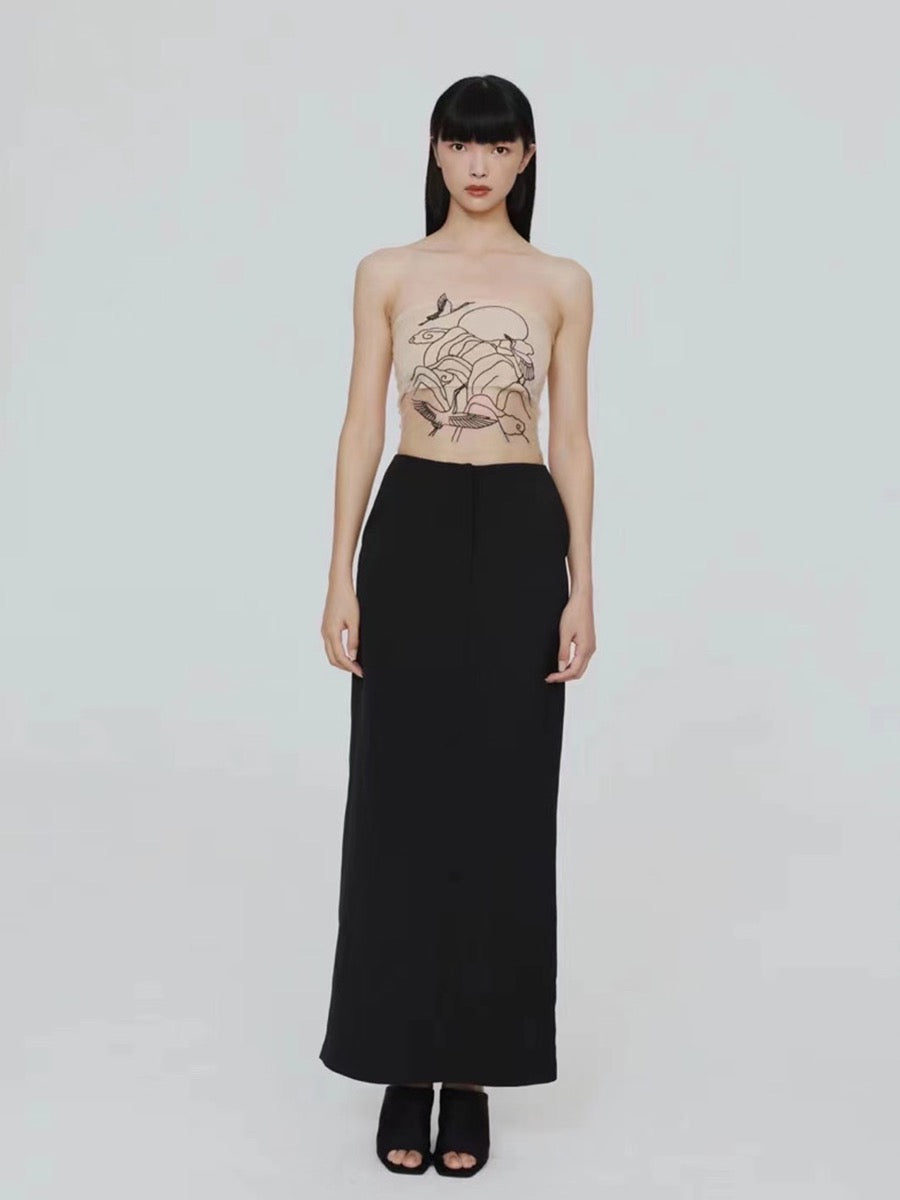 Nude Sheer Clouds and Cranes Bandeau Top-Pre-order