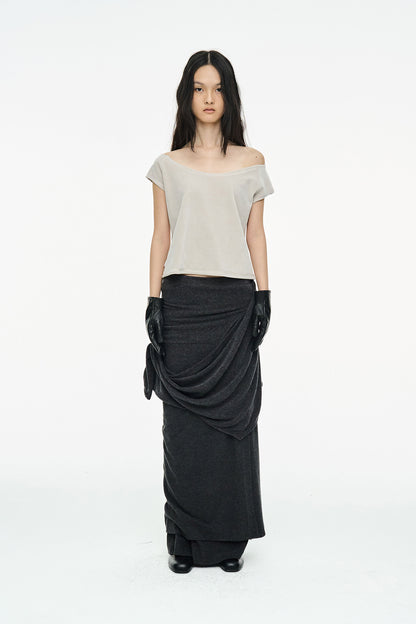 DRAPE LONG SKIRT / CHARCOAL