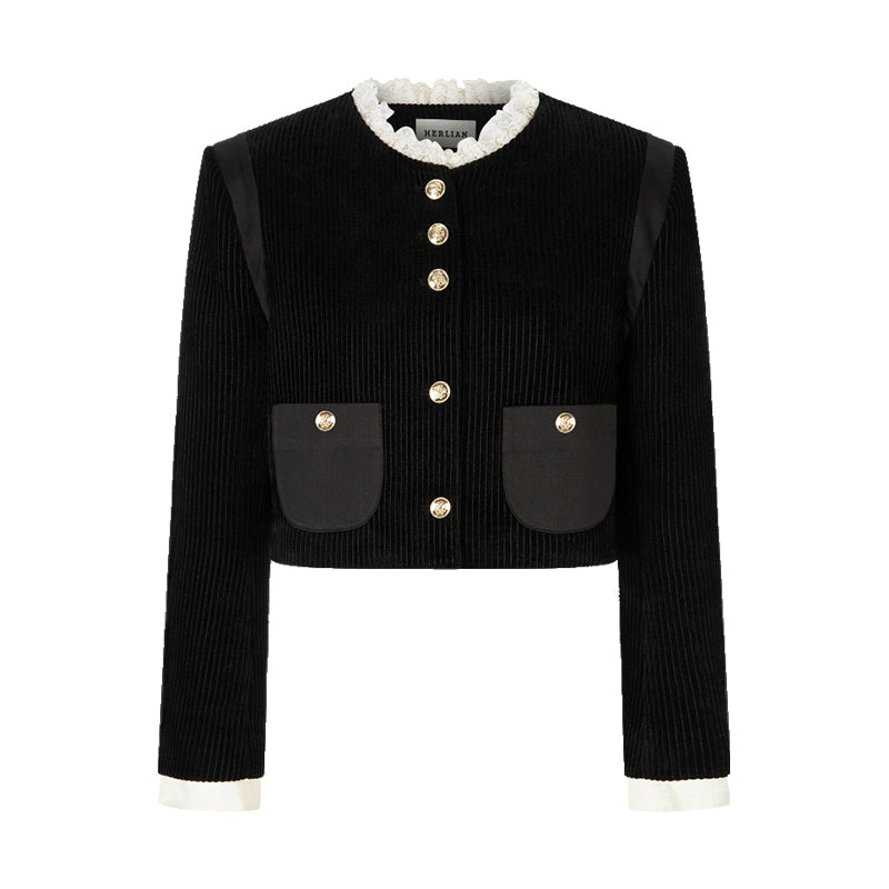 French Style Lace Collar Corduroy Jacket with Gold Buttons