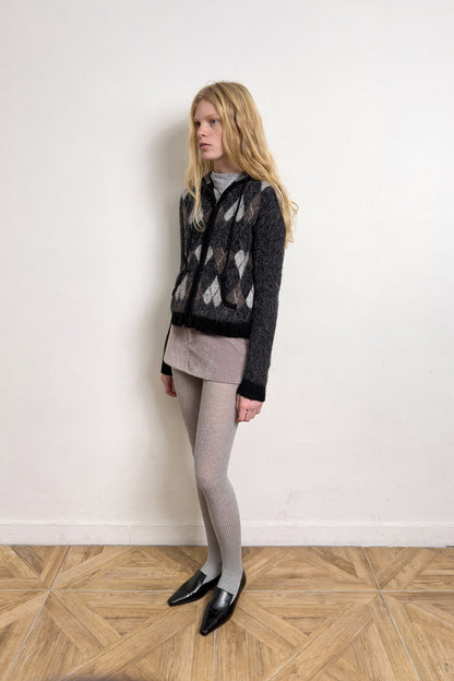 HEART ARGYLE JACQUARD HOOD ZIP UP