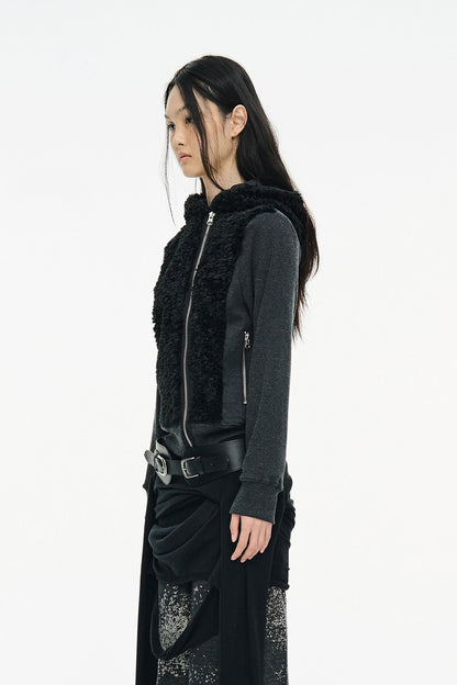 FUZZY FLEECE HOOD ZIP UP / BLACK