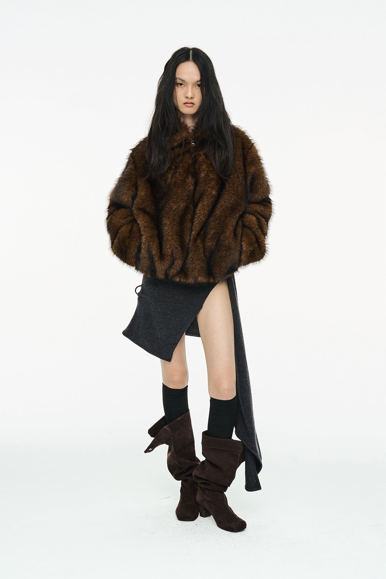 BRUSHED FUR JACKET / BROWN