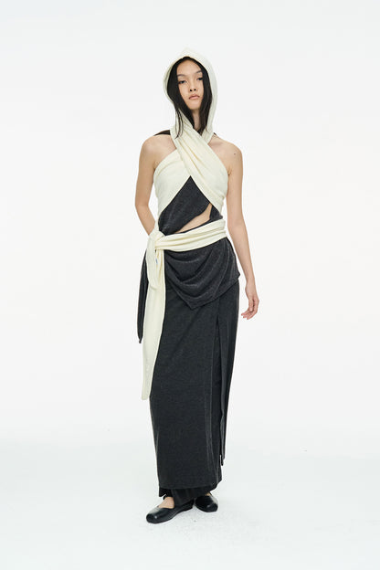 DRAPE LONG SKIRT / CHARCOAL