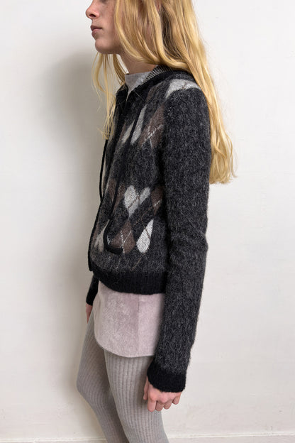 HEART ARGYLE JACQUARD HOOD ZIP UP