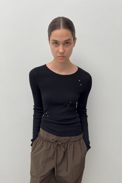 SLIM RIBBED SNAP KNIT BLACK