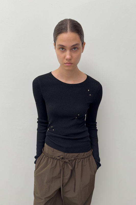 SLIM RIBBED SNAP KNIT BLACK