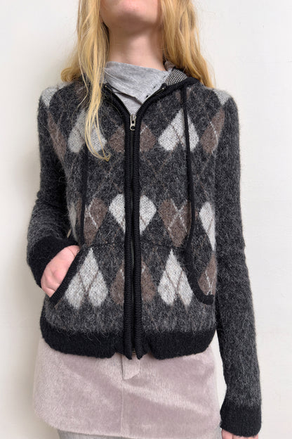 HEART ARGYLE JACQUARD HOOD ZIP UP