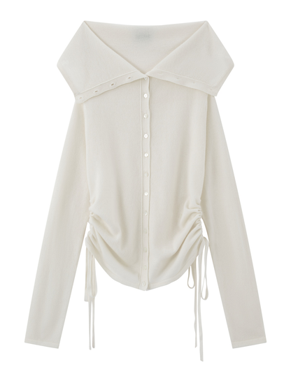 Off-Shoulder Folded Collar Cardigan (Cashmere100%)