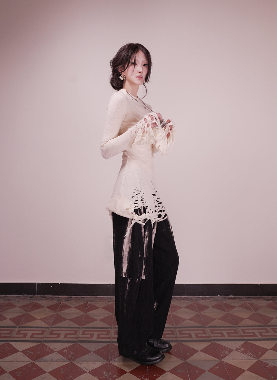 Ragged High Neck Knitted Top Cream White