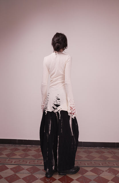 Ragged High Neck Knitted Top Cream White