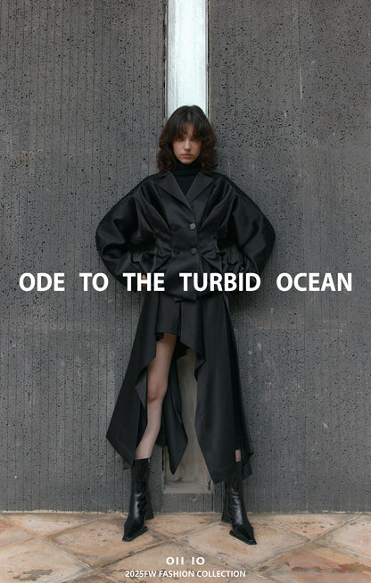 ODE TO THE TURBID OCEAN Textured Ruffled Black Glossy 3D Cropped Jacket
