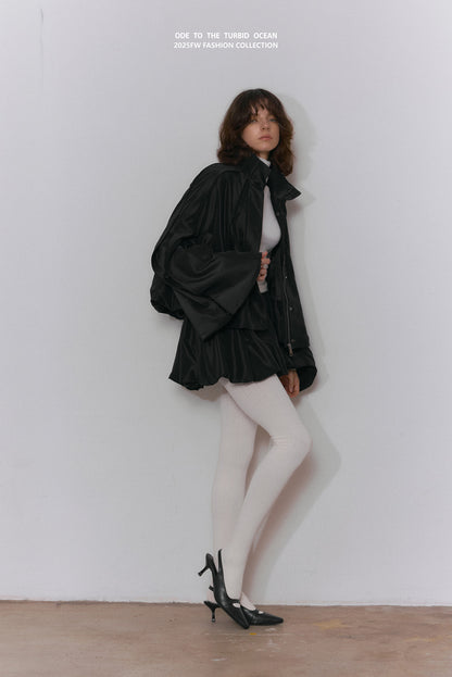 ODE TO THE TURBID OCEAN Acetate Satin Pleated Skirt, Combed Cotton Edge Loose Elastic Short Skirt