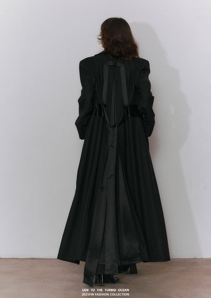ODE TO THE TURBID OCEAN Extra Long Waist Cinched Blazer Coat, Padded Shoulder Long Coat for Tall Women