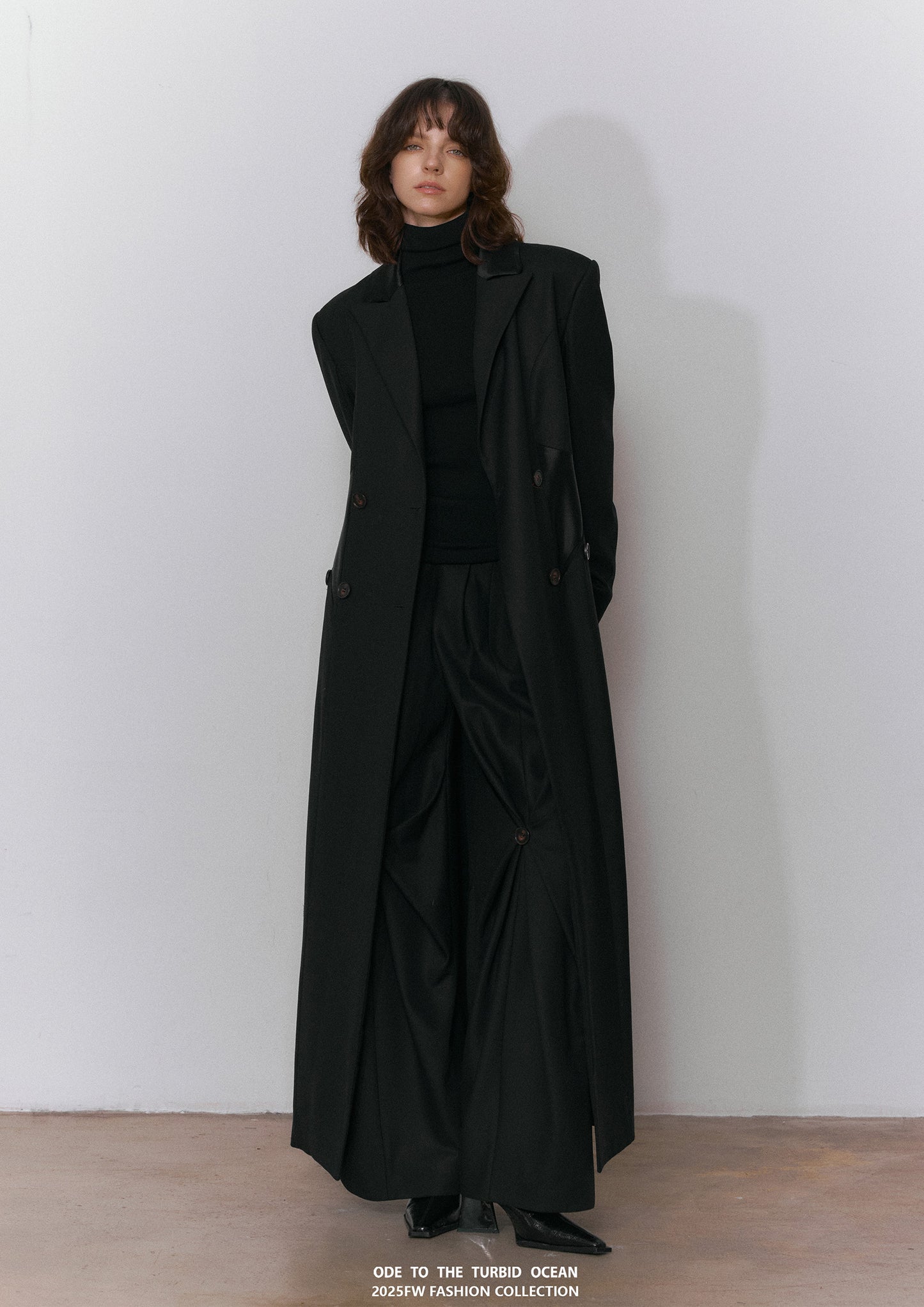 ODE TO THE TURBID OCEAN Extra Long Waist Cinched Blazer Coat, Padded Shoulder Long Coat for Tall Women