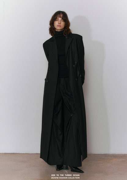 ODE TO THE TURBID OCEAN Extra Long Waist Cinched Blazer Coat, Padded Shoulder Long Coat for Tall Women