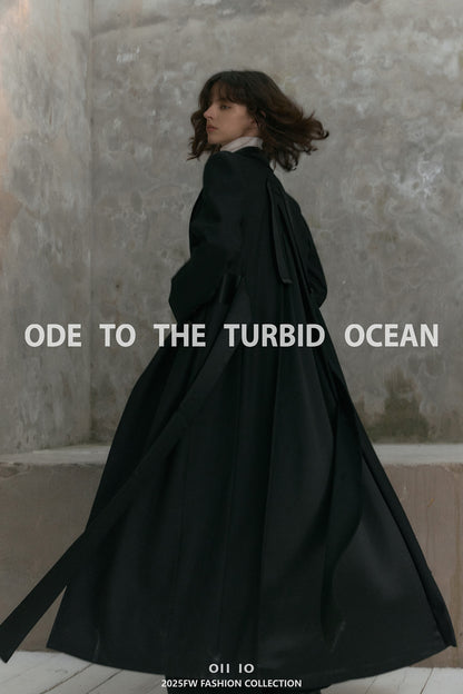 ODE TO THE TURBID OCEAN Extra Long Waist Cinched Blazer Coat, Padded Shoulder Long Coat for Tall Women