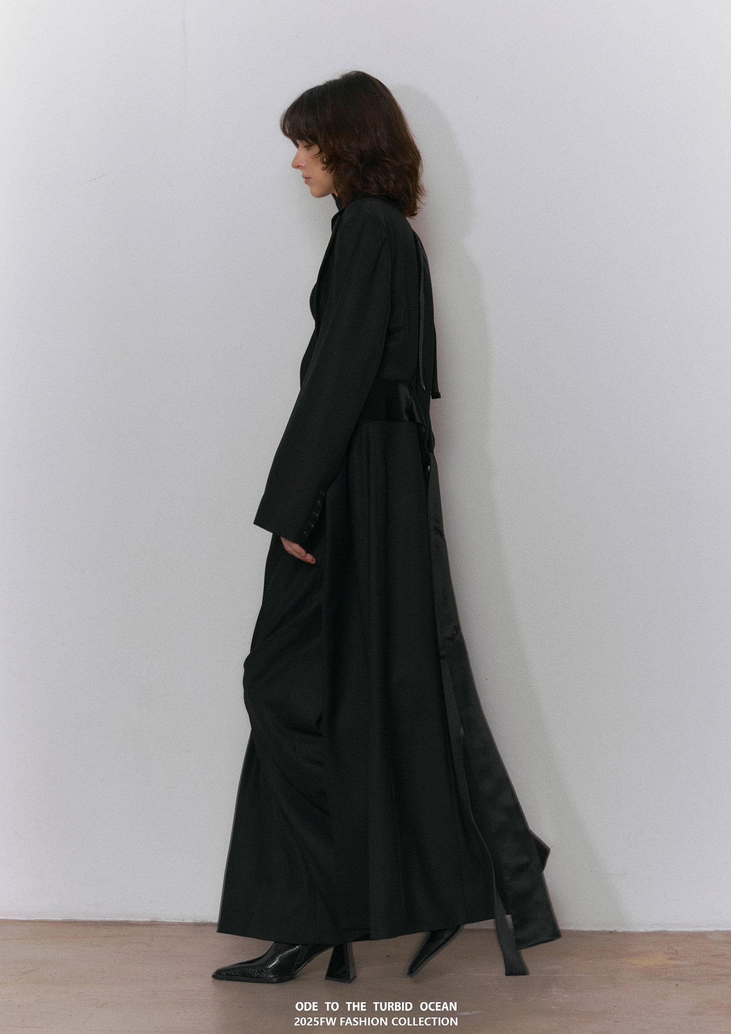 ODE TO THE TURBID OCEAN Extra Long Waist Cinched Blazer Coat, Padded Shoulder Long Coat for Tall Women