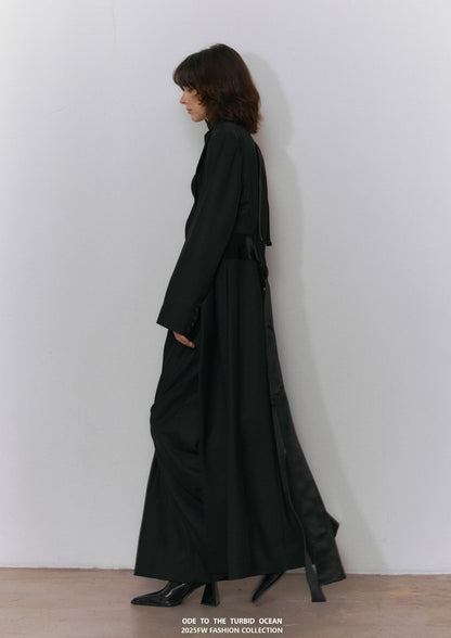 ODE TO THE TURBID OCEAN Extra Long Waist Cinched Blazer Coat, Padded Shoulder Long Coat for Tall Women