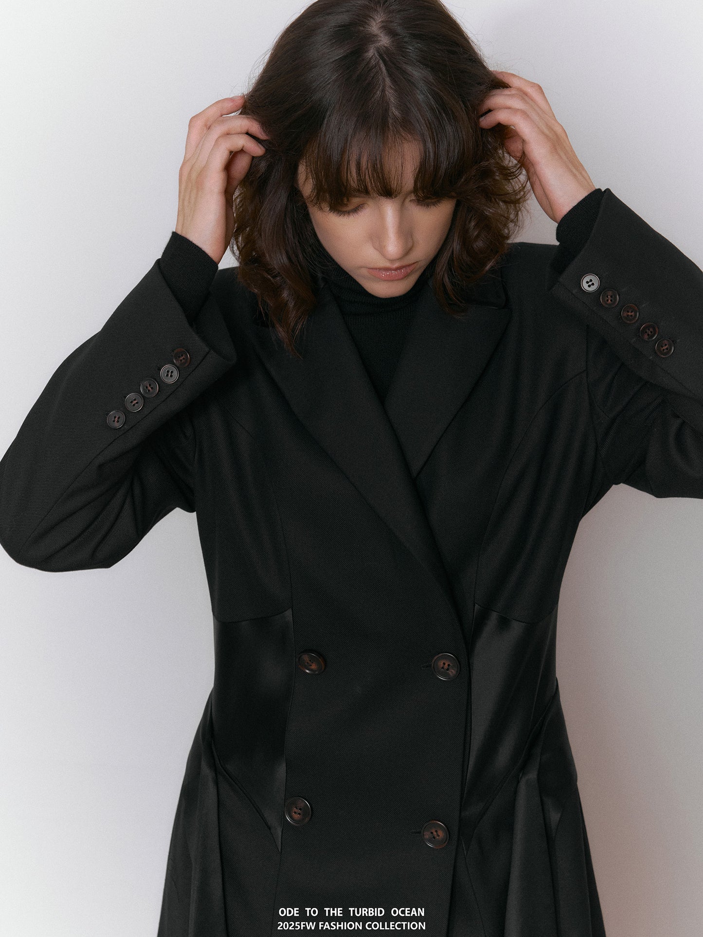ODE TO THE TURBID OCEAN Extra Long Waist Cinched Blazer Coat, Padded Shoulder Long Coat for Tall Women