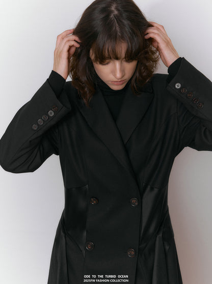 ODE TO THE TURBID OCEAN Extra Long Waist Cinched Blazer Coat, Padded Shoulder Long Coat for Tall Women