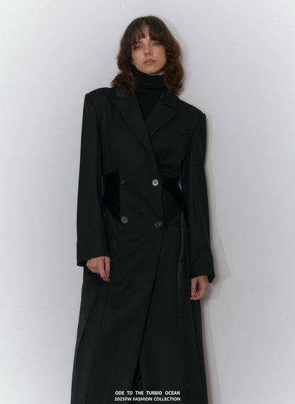 ODE TO THE TURBID OCEAN Extra Long Waist Cinched Blazer Coat, Padded Shoulder Long Coat for Tall Women