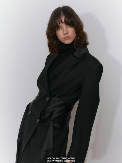 ODE TO THE TURBID OCEAN Extra Long Waist Cinched Blazer Coat, Padded Shoulder Long Coat for Tall Women