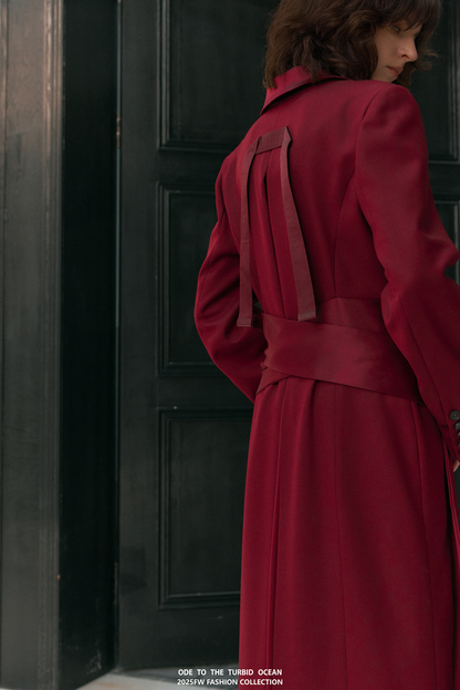 ODE TO THE TURBID OCEAN Extra Long Waist Cinched Blazer Coat, Padded Shoulder Long Coat for Tall Women