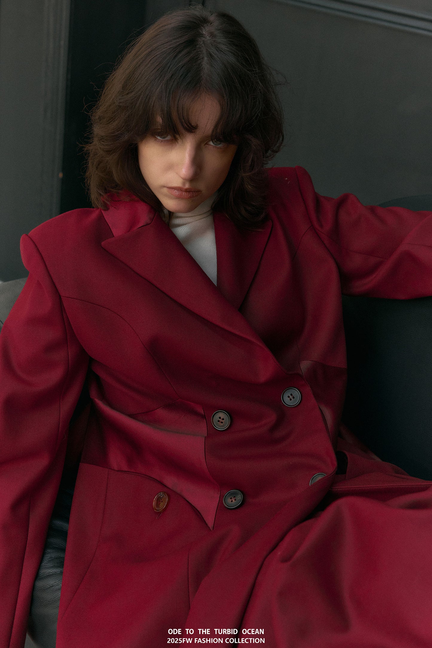 ODE TO THE TURBID OCEAN Extra Long Waist Cinched Blazer Coat, Padded Shoulder Long Coat for Tall Women