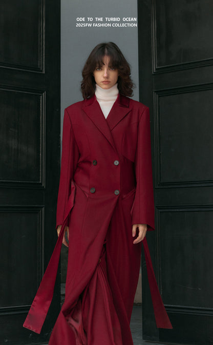 ODE TO THE TURBID OCEAN Extra Long Waist Cinched Blazer Coat, Padded Shoulder Long Coat for Tall Women
