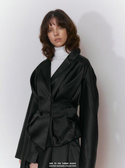 ODE TO THE TURBID OCEAN Textured Ruffled Black Glossy 3D Cropped Jacket