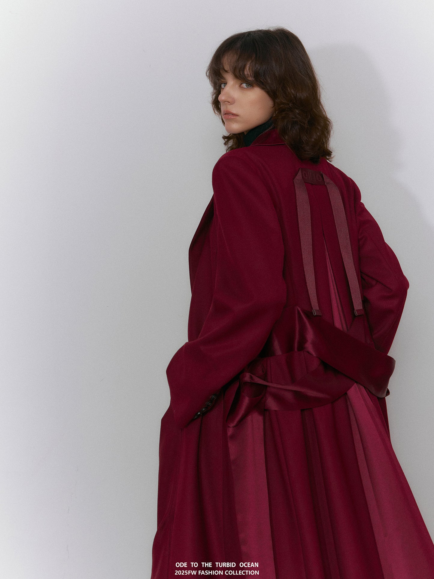 ODE TO THE TURBID OCEAN Extra Long Waist Cinched Blazer Coat, Padded Shoulder Long Coat for Tall Women