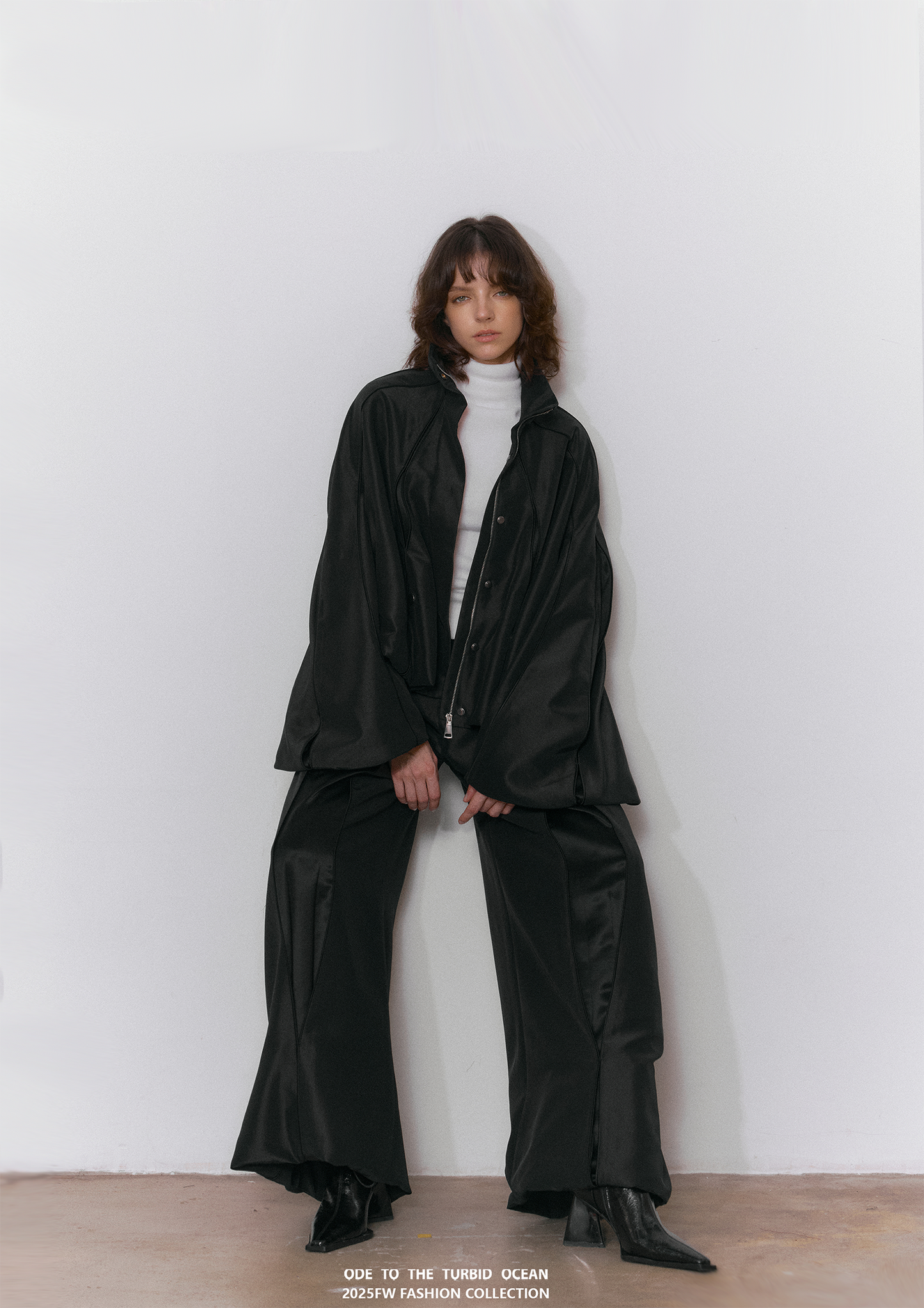 ODE TO THE TURBID OCEAN Cotton & Acetate Satin Pleated Spliced Wide-Leg Pants with Full Lining