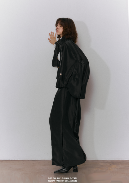 ODE TO THE TURBID OCEAN Cotton & Acetate Satin Pleated Spliced Wide-Leg Pants with Full Lining
