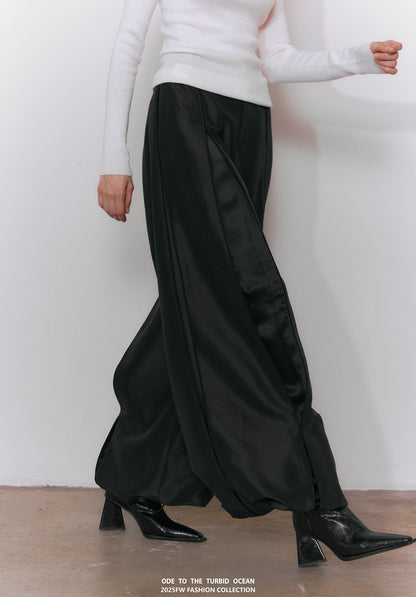 ODE TO THE TURBID OCEAN Cotton & Acetate Satin Pleated Spliced Wide-Leg Pants with Full Lining