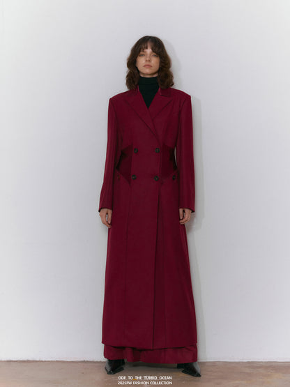 ODE TO THE TURBID OCEAN Extra Long Waist Cinched Blazer Coat, Padded Shoulder Long Coat for Tall Women