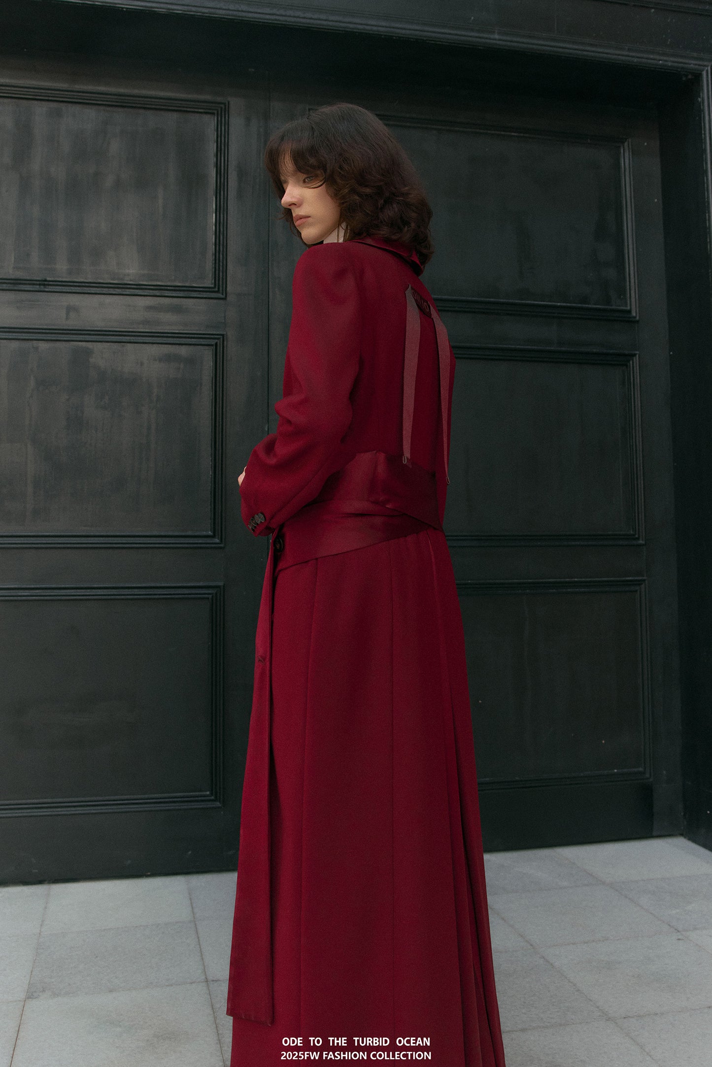 ODE TO THE TURBID OCEAN Extra Long Waist Cinched Blazer Coat, Padded Shoulder Long Coat for Tall Women